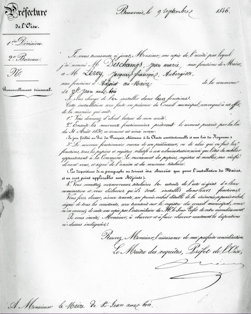 Lettre du préfet Confirmation de Deschamps et Leroy. Archives communales Série K élections.